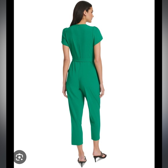 Calvin Klein Short Tulip Sleeve Tie Waist Cropped Jumpsuit in Teal Blue Green - Picture 13 of 13